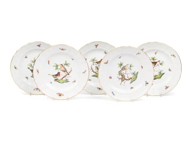A Set of Five Herend Rothschild Bird Porcelain Pasta Plates