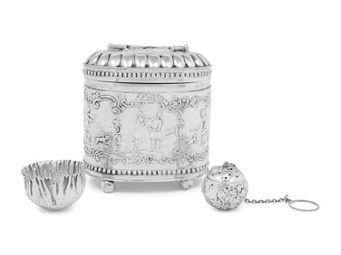 A Continental Silver Tea Caddy, Strainer and Tea Ball