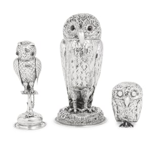 Three Silver Owl-Form Covered Canisters