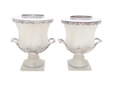 ?A Pair of English Silver-Plate and Frosted Glass Wine Coolers