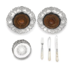 A Mother-Of-Pearl Handled Silver Fish Set and Three Sheffield Wine Coasters