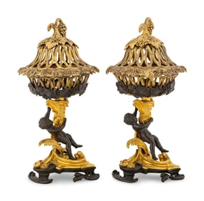 A Pair of Continental Rococo Style Parcel Gilt Bronze Figural Fruit Baskets