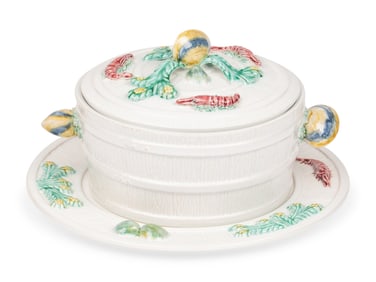 A Mottahedeh Glazed Earthenware Seafood Tureen and Tray