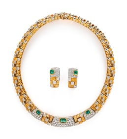 BICOLOR GOLD, EMERALD, AND DIAMOND NECKLACE AND EARRINGS