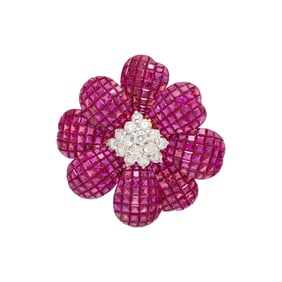 RUBY AND DIAMOND FLOWER BROOCH