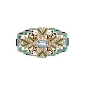 ART DECO, YELLOW GOLD, ENAMEL, AND AQUAMARINE BROOCH