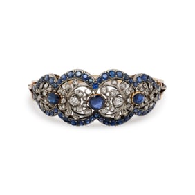 ANTIQUE, SAPPHIRE AND DIAMOND HINGED BANGLE BRACELET