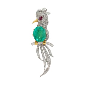 EMERALD, DIAMOND, AND RUBY BIRD BROOCH