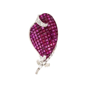 FRED, PARIS, RUBY AND DIAMOND LEAF BROOCH