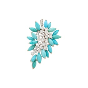 DIAMOND, TURQUOISE, AND WHITE GOLD SPRAY BROOCH