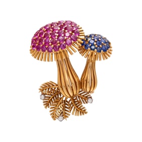 RUBY, SAPPHIRE, AND DIAMOND MUSHROOM BROOCH
