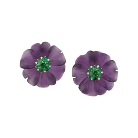 ALETTO BROTHERS, CARVED AMETHYST, GARNET AND DIAMOND FLOWER EARRINGS