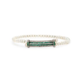 DIAMOND, EMERALD, AND PEARL BRACELET