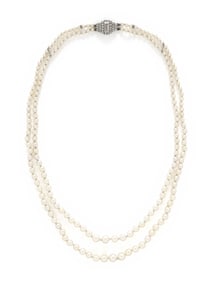 ART DECO, DOUBLE STRAND CULTURED PEARL AND DIAMOND NECKLACE
