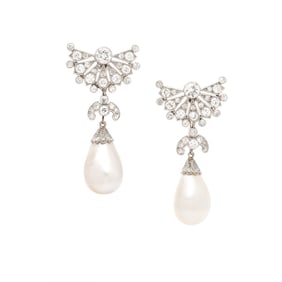 CARTIER, NATURAL PEARL AND DIAMOND EARRINGS WITH ADDITIONAL CARVED EMERALD DROPS