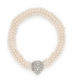 ART DECO, TRIPLE STRAND CULTURED PEARL AND DIAMOND NECKLACE