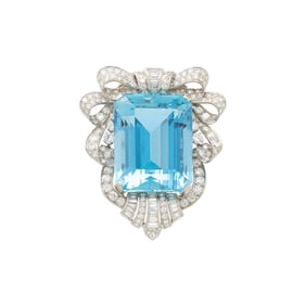 PLATINUM, AQUAMARINE, AND DIAMOND PENDANT BROOCH