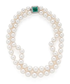 CULTURED PEARL DOUBLE STRAND NECKLACE WITH EMERALD AND DIAMOND CLASP