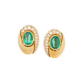 BULGARI, YELLOW GOLD, EMERALD, AND DIAMOND EARRINGS