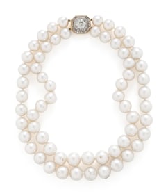 DOUBLE STRAND CULTURED PEARL AND DIAMOND NECKLACE