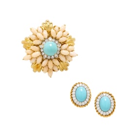 TURQUOISE, CORAL, AND DIAMOND BROOCH AND EARRINGS