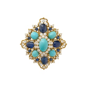 TURQUOISE, SAPPHIRE, AND DIAMOND BROOCH
