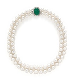 DOUBLE STRAND CULTURED PEARL, DIAMOND, AND CARVED EMERALD NECKLACE