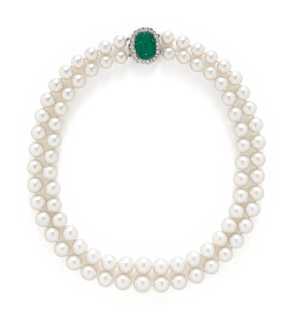DOUBLE STRAND CULTURED PEARL, DIAMOND, AND CARVED EMERALD NECKLACE (1 of 3)