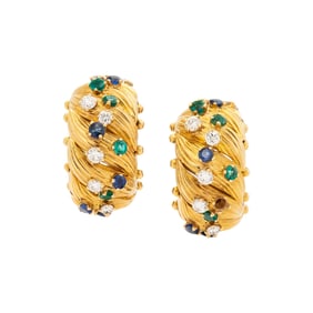 VAN CLEEF & ARPELS, YELLOW GOLD, DIAMOND, SAPPHIRE, AND EMERALD EARRINGS