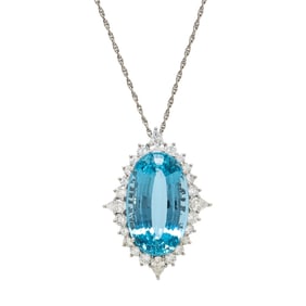 AQUAMARINE AND DIAMOND PENDANT NECKLACE
