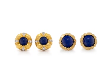 TWO PAIRS OF YELLOW GOLD AND LAPIS LAZULI EARRINGS