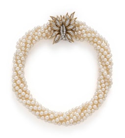 MULTISTRAND CULTURED PEARL NECKLACE WITH BICOLOR GOLD AND DIAMOND CLASP