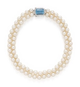 DOUBLE STRAND CULTURED PEARL, AQUAMARINE, AND DIAMOND NECKLACE