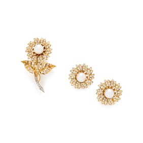 YELLOW GOLD, CULTURED PEARL, AND DIAMOND FLOWER EARRINGS AND BROOCH
