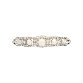 PLATINUM, CULTURED PEARL, AND DIAMOND BAR PIN