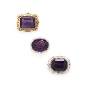 COLLECTION OF AMETHYST AND SEED PEARL BROOCHES