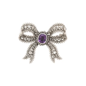 DIAMOND AND AMETHYST BOW BROOCH