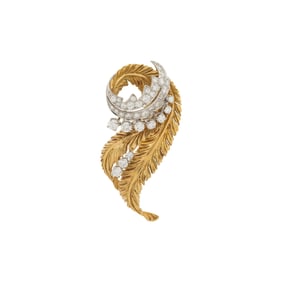 MCTEIGUE FOR BETTERIDGE, DIAMOND, YELLOW GOLD, AND PLATINUM LEAF BROOCH