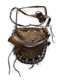 Early Plains Pony Beaded Buffalo Hide Shot Pouch and Powder Horn