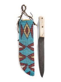 Sioux Beaded Buffalo Hide Knife Sheath, with Knife