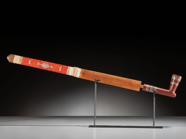Northern Plains Quilled Pipe Stem, with Inlaid Catlinite Bowl