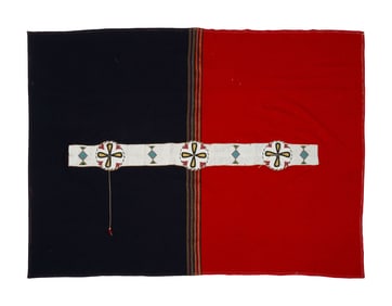 Northern Plains Beaded Hide Blanket Strip, on Trade Cloth Blanket