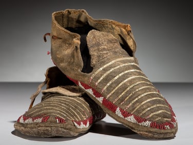 Sioux Quilled and Beaded Buffalo Hide Moccasins