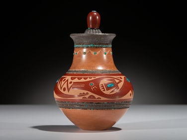 Russell Sanchez (San Ildefonso, b. 1963) Red, Black, and Sienna Lidded Pottery Jar