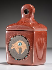 Russell Sanchez (San Ildefonso, b. 1963) Micaceous Three-Toned Lidded Pottery Box, with Turquoise
