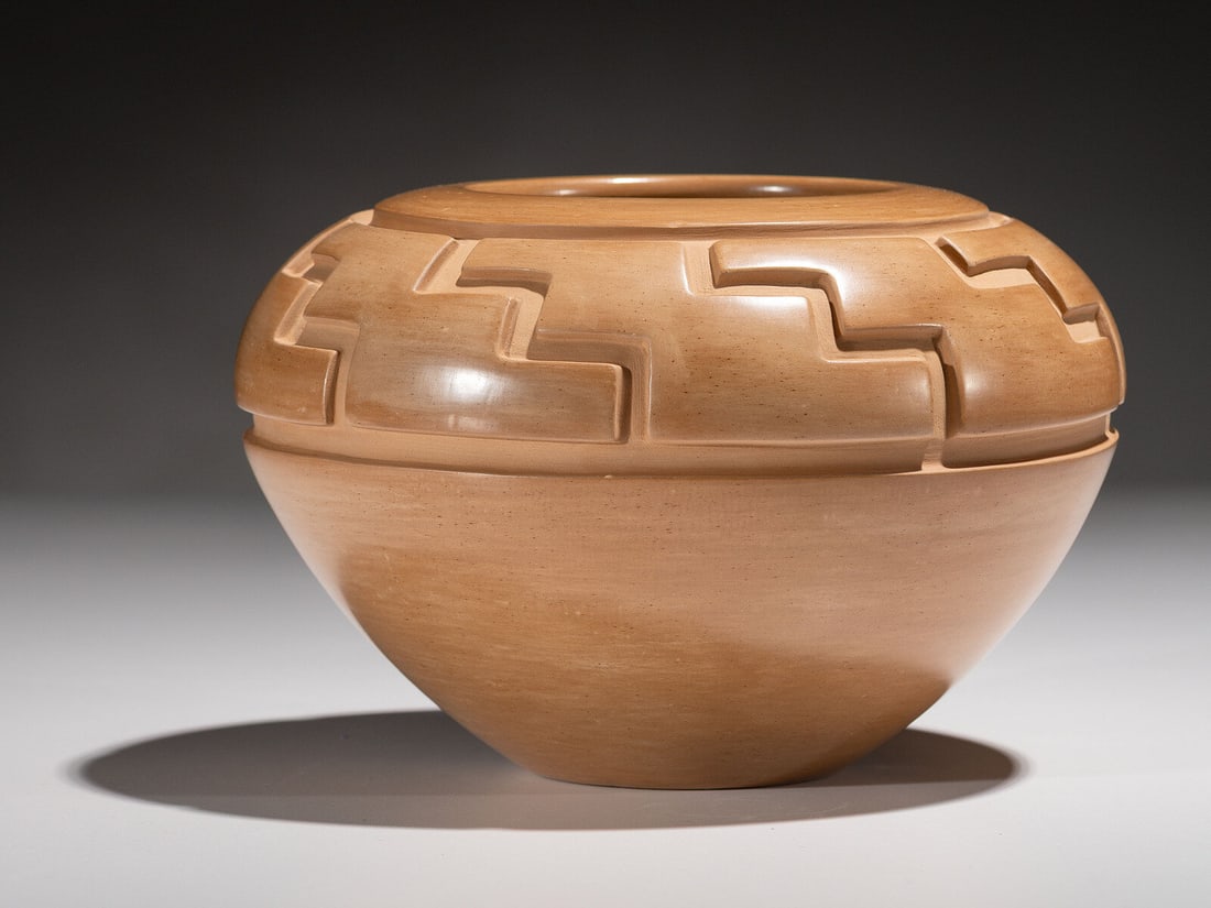 Toni Roller (Santa Clara, b. 1935) Carved Buffware Pottery Jar (1 of 3)