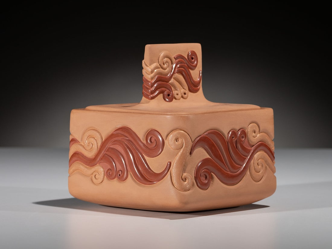 Chris Youngblood (Santa Clara, b. 1989) Micaceous Tan and Red Pottery Box, Elemental Wind (1 of 3)
