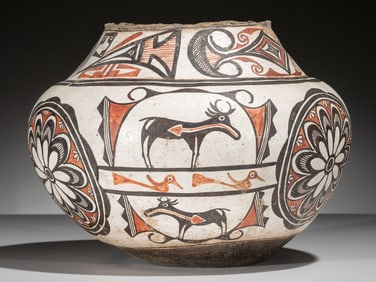 Zuni Polychrome Pottery Olla, with Heartline Deer