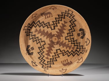 Havasupai Figural Basketry Tray, Horses and Butterflies