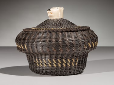 James Omnik Jr. (Point Hope, 20th century) Baleen Basket, with Polar Bear Finial, 1995